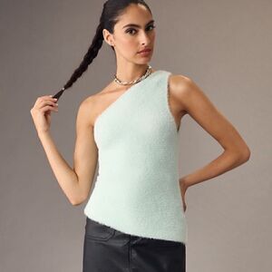 By Anthropologie One-Shoulder Eyelash Sweater Tank Sky Mint Green L NWT
